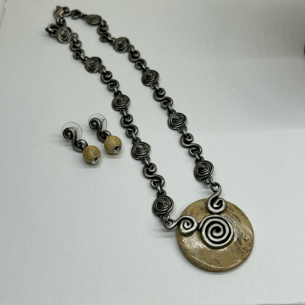 Vintage Modernist Circle Swirl Silver Tone Necklace & Pierced Earrings Set